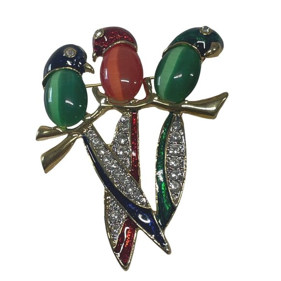 Vintage Gold-Tone Enamel Three Parrots Brooch With Rhinestone Accents On Branch - Picture 2 of 3